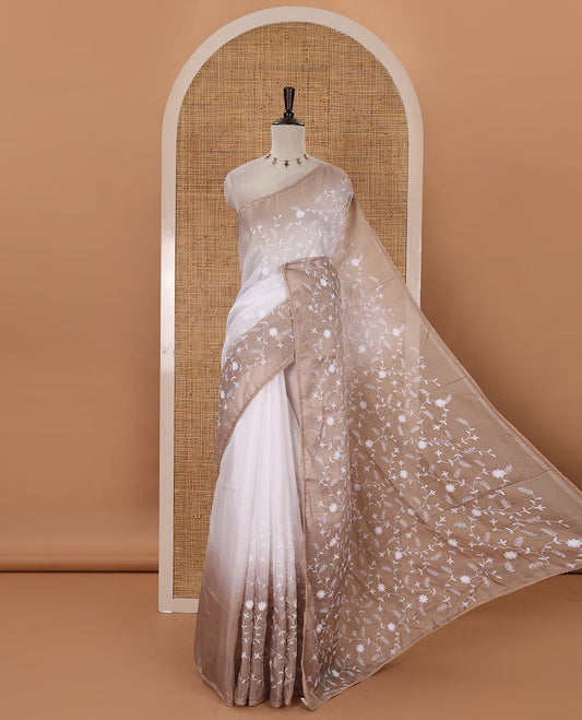 White-brown color 2D-style print & floral vine chikankari embroidered kota check saree, lace border & plain blouse