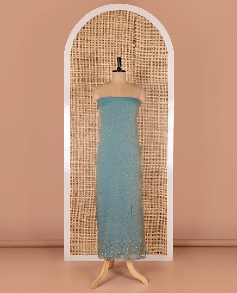 Blue material chudidar set, stone work moss organza top, a matching bottom, and scallop stone work moss organza dupatta