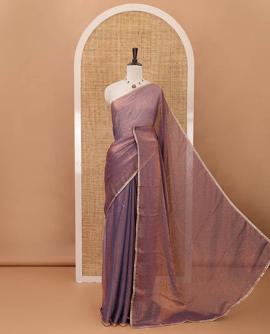 Lavender Swarovski stone work embedded fendy-chiffon saree, scallop lace border & floral mixed embroidered blouse