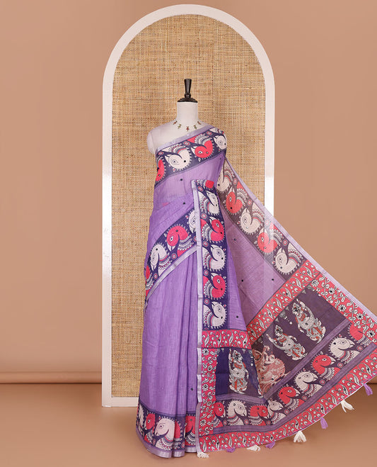 Purple mirror thread embroidered linen saree, contrast kalamkari peacock printed border, pallu of kalamkari peacock and human figurines print, and printed blouse