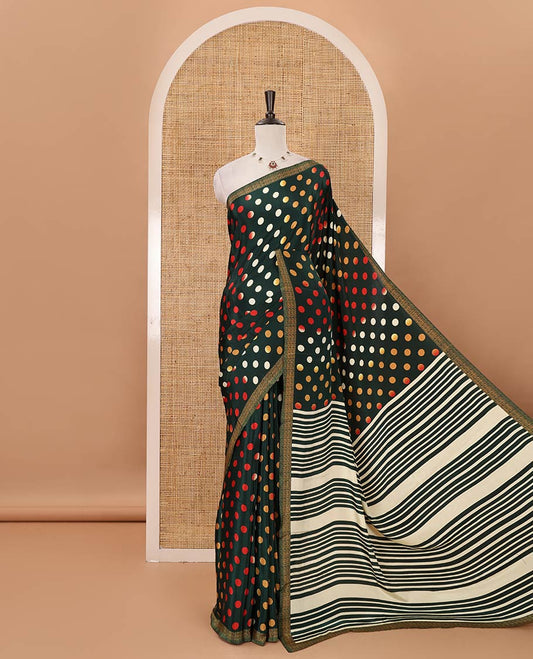 Green colorful polka dots printed satin crepe saree, contrast piping border, stripes printed pallu & contrast printed blouse