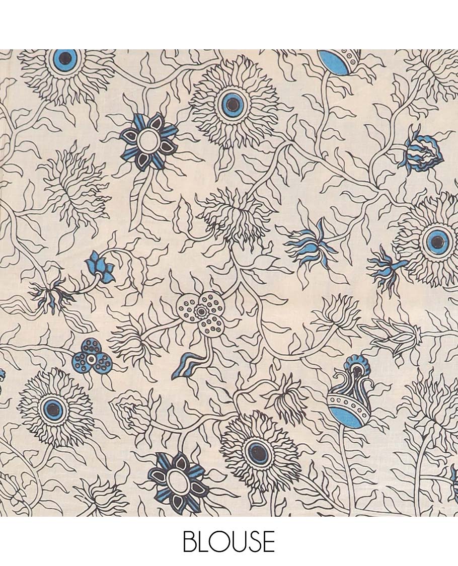 Blue unique floral machine-printed kalamkari cotton saree, contrast floral border & floral & diamond pallu