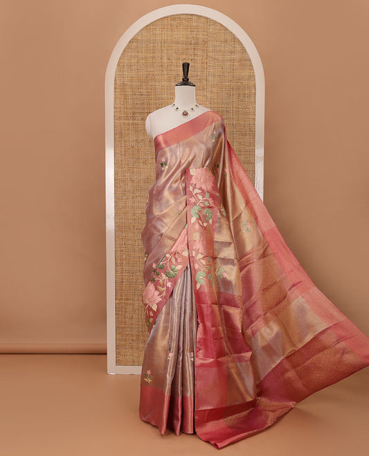 Dark pink floral thread embroidery celebrity tissue saree, floral vine multi-color thread embroidered border & embroidery pallu