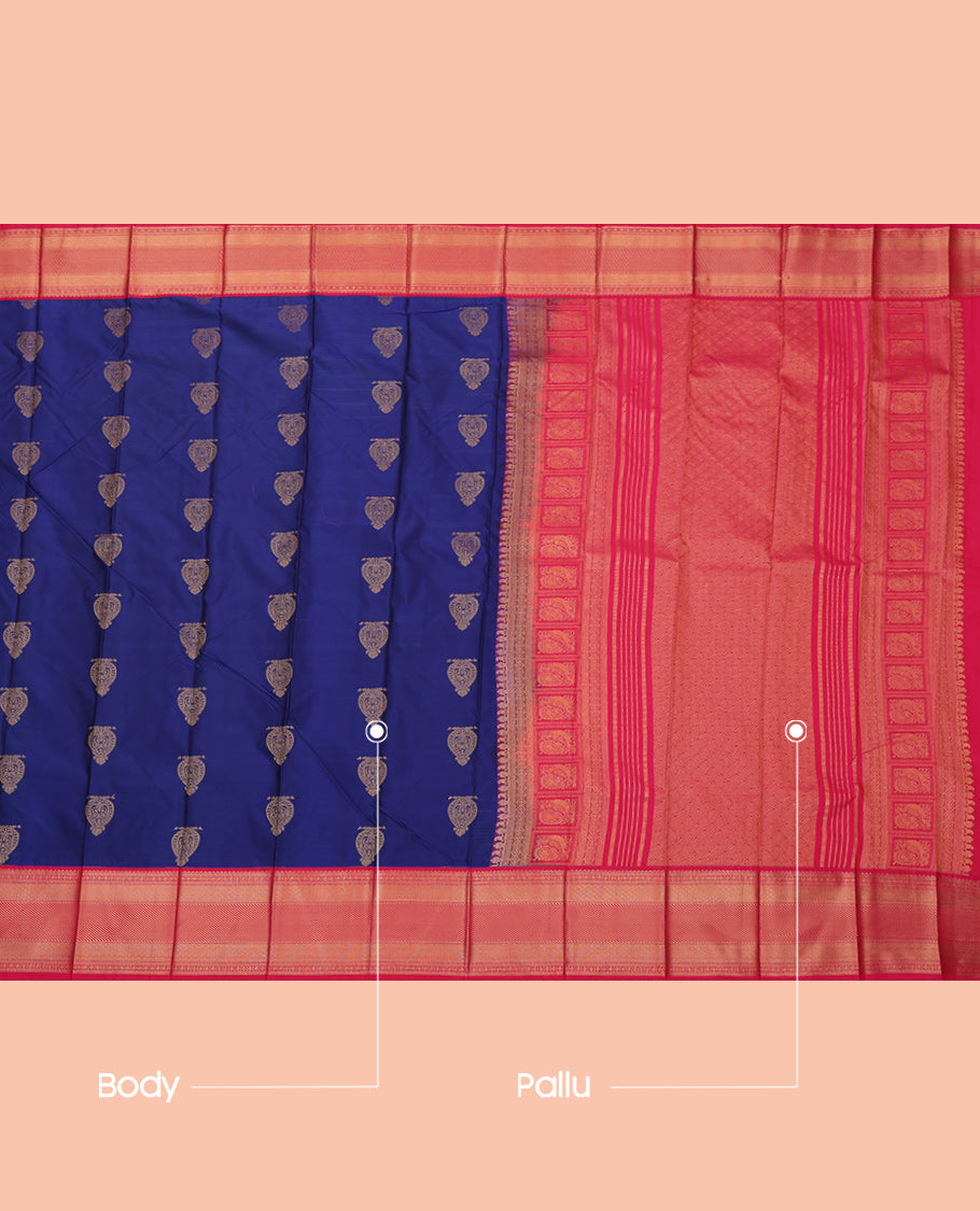 Blue Budget Silk Saree Featuring Zari Buttas, a Contrast Traditional Zari Border, Intricate Pallu, and a Contrast Blouse