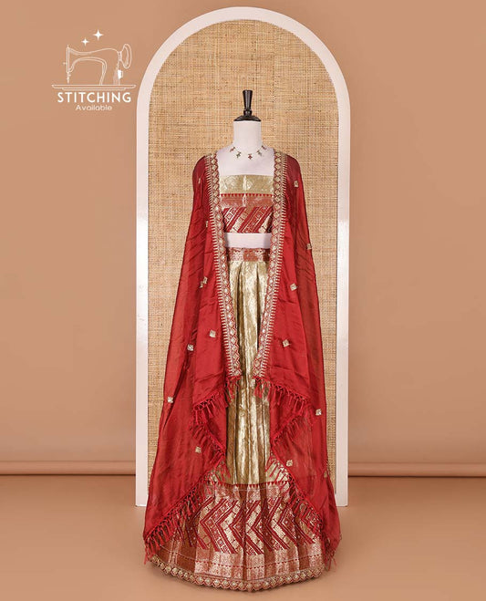 Gold banaras half saree, ogee skirt, contrast maroon traditional zari border, matching blouse, and Syska georgette embroidered dhavani