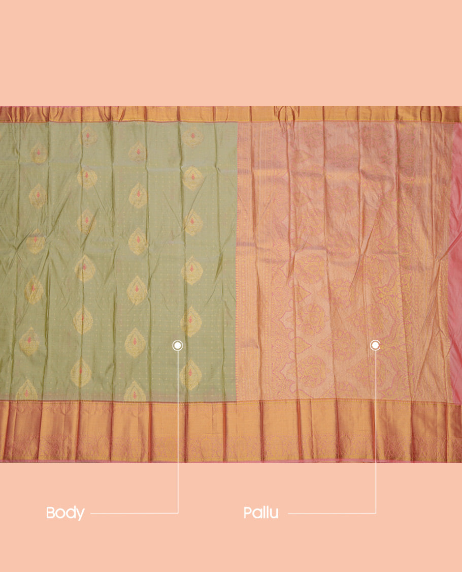 Green Budget Silk Saree, Accentuated with Zari Buttas and Checks, a Contrast Traditional Zari Border, Grand Pallu, and a Contrast Blouse