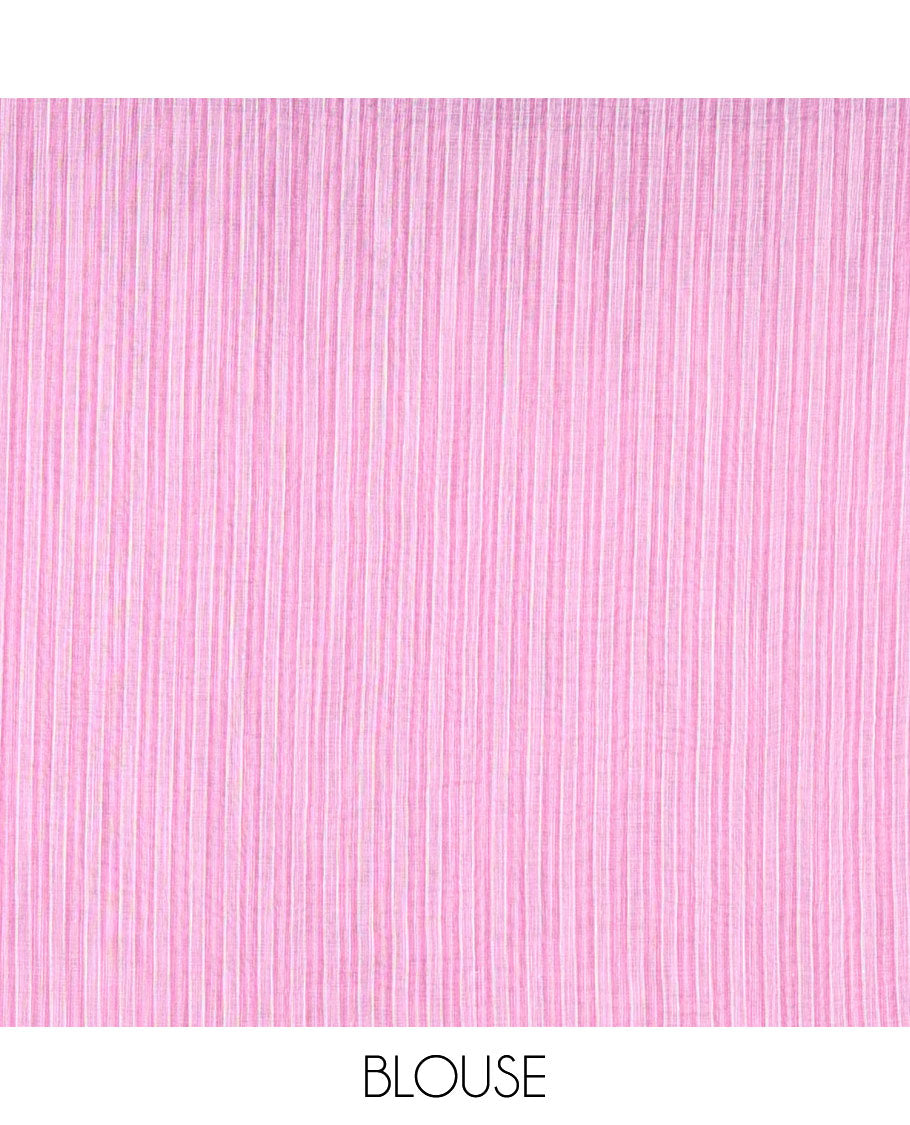 Baby pink small thread buttas linen cotton saree, contrast temple zari piping border, striped pallu and a contrast blouse