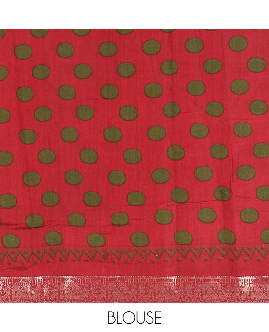 Olive kalamkari floral vine and peacock printed muslin cotton saree, contrast zari border, kalamkari peacock printed pallu, and a contrast coin buttas printed blouse