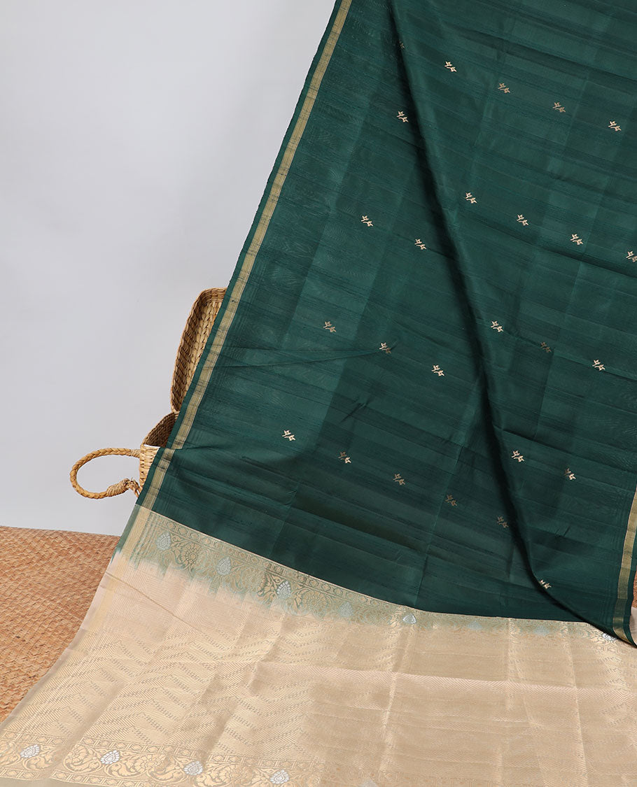 Green floral buttas soft silk saree with contrast zari border & intricate zari design pallu