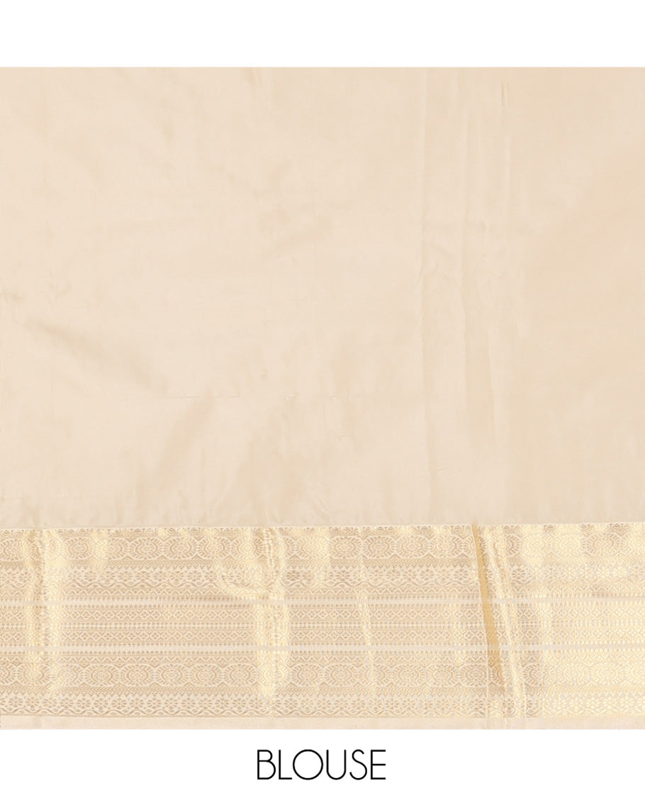 Rust Budget Silk Saree, Gracefully Embellished with Zari Buttas on Its Body, Complemented by a Contrast Traditional Zari Design Border, Subtly Sparkled Pallu, and Paired with a Contrast Blouse