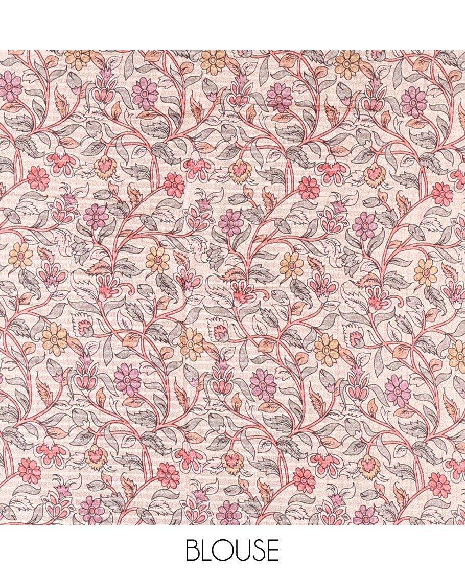 Borderless blue ombre style dyed and floral vine design semi tussar saree,  contrast kalamkari printed pallu and blouse