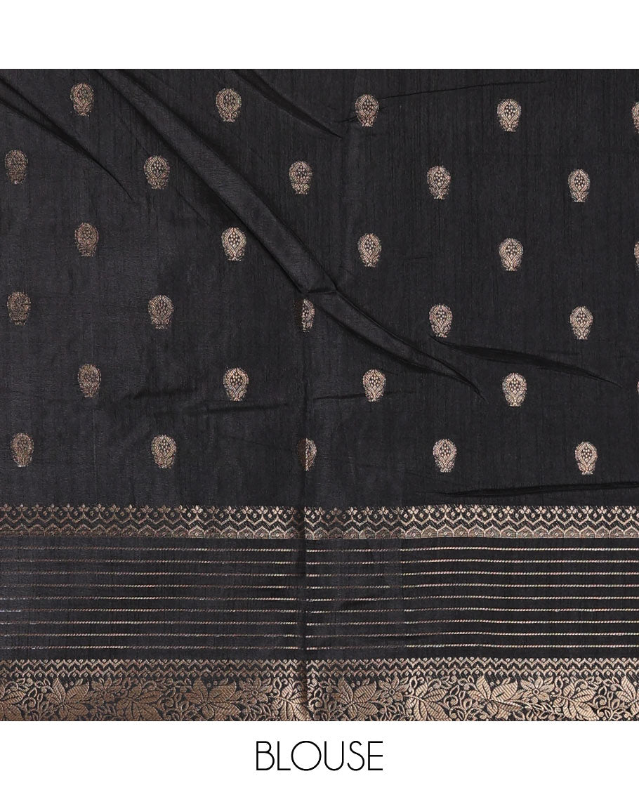 Cream zari buttas dola silk saree, contrast red-black temple ganga jamuna traditional zari border, paisley pallu, and contrast zari design blouse