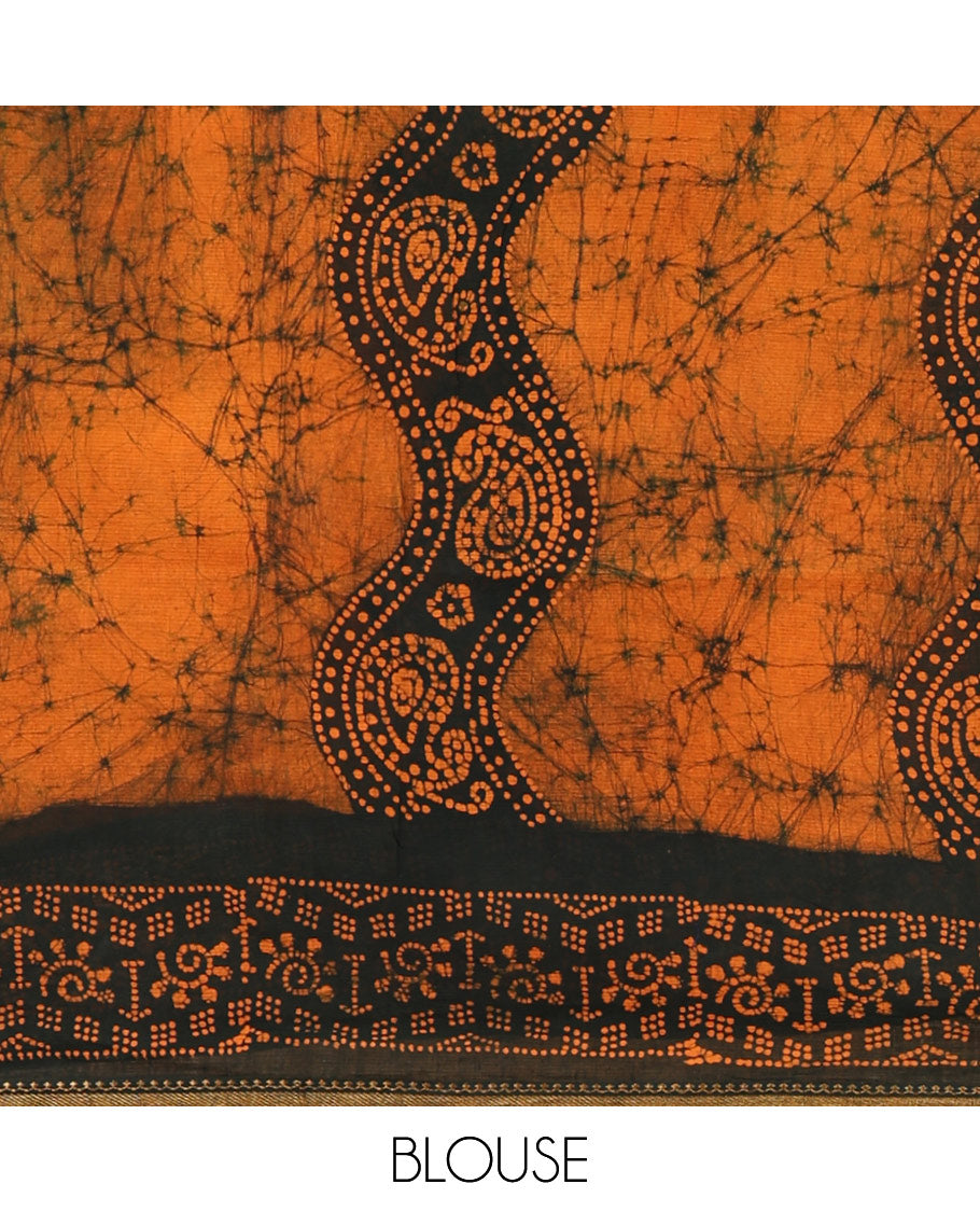 Mustard batik-printed sungudi cotton saree, mango zari small border, batik-printed pallu & running blouse
