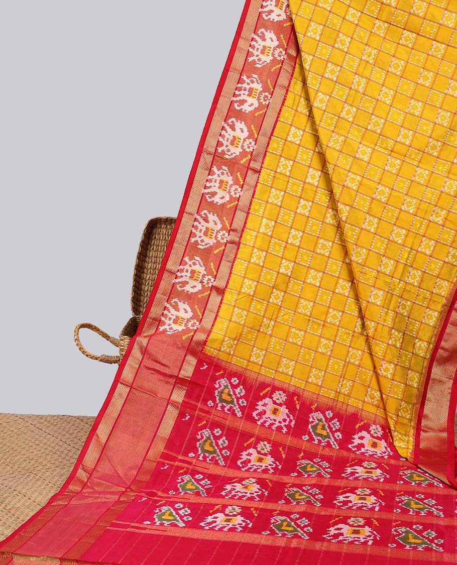 Yellow checked ikkat silk saree with contrast motifs border & striped, animal motifs pallu