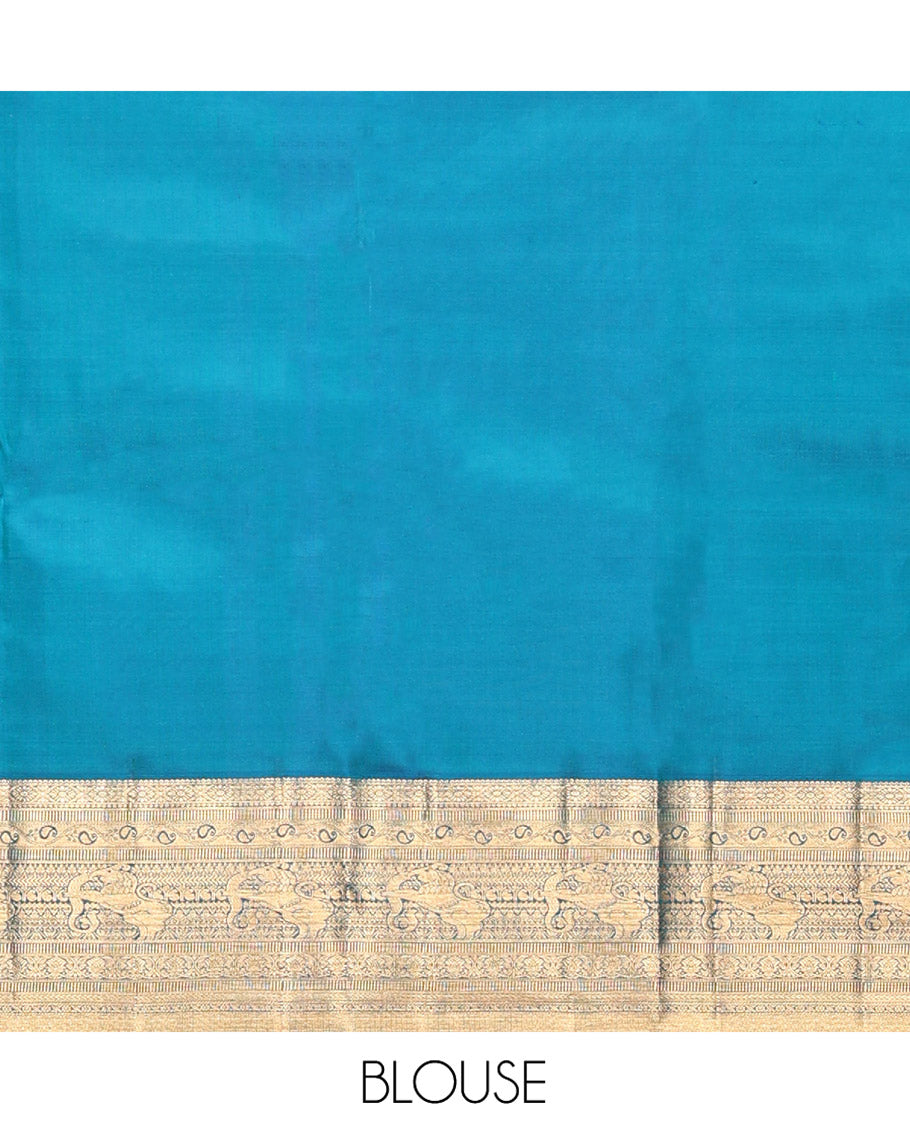 Blue Kanchipuram Wedding Silk Saree, Meticulously Crafted with Jacquard Design on Its Body, Highlighted by Zari Border of Cross Kamalam, Kodi Manga, Muthu, Kathir, Mayil Kann, and Yaali Designs, Chakram Design Pallu, and Paired with a Matching Blouse