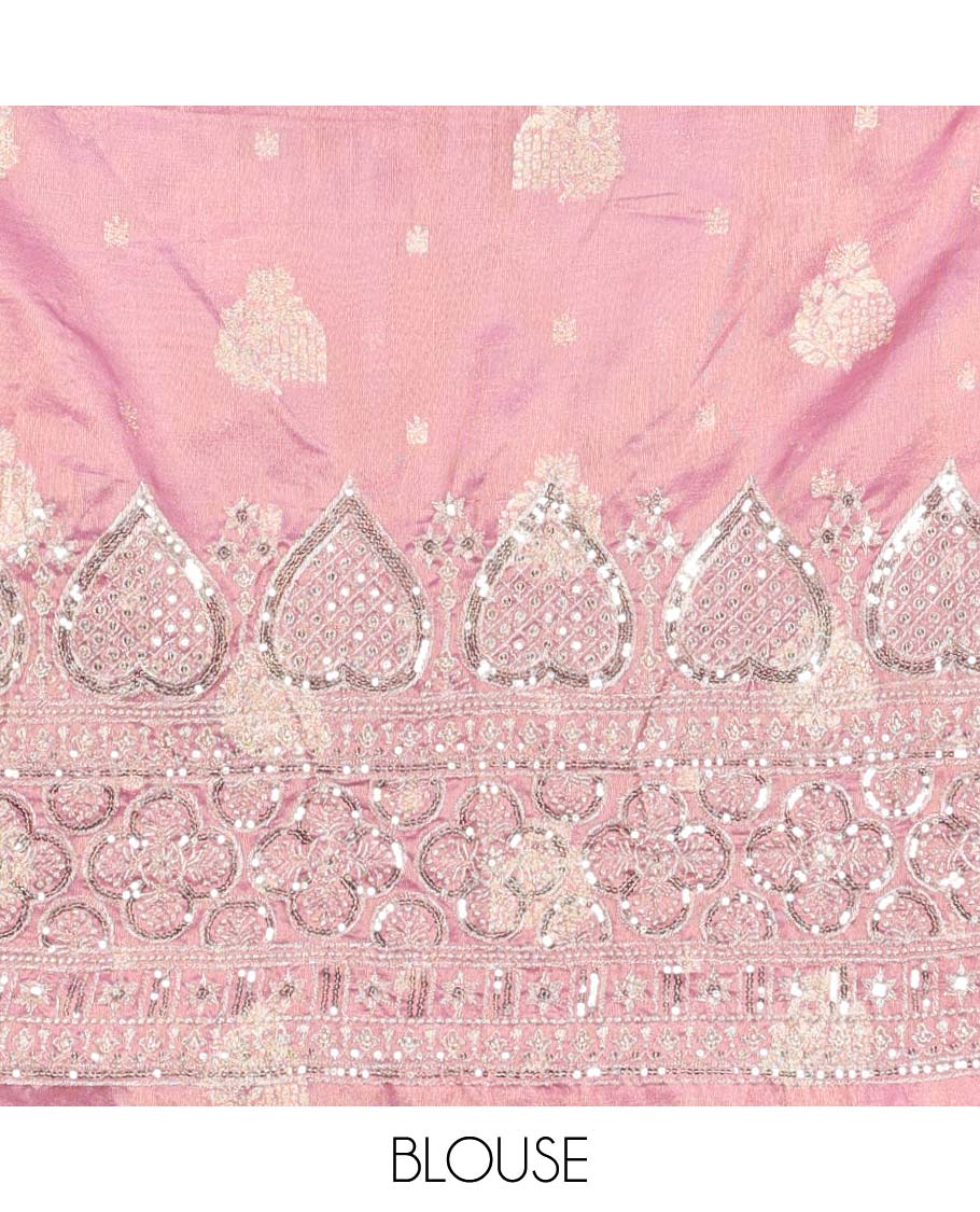 Brown floral stone embroidered half saree contrast stone embroidered border , zari design blouse & intricate stone embroidery dhavani
