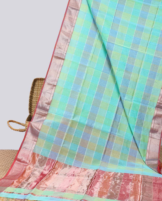 Multi-colored checked maheshwari cotton saree with contrast argyle zari border & srtiped pallu