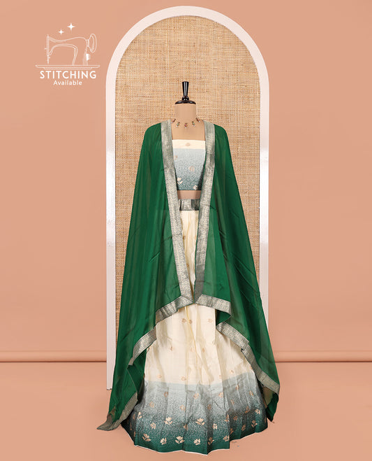 Cream-Green Semi-Silk Half-Saree Featuring Buttas Skirt, Contrast Floral Border, Matching Blouse, Contrast Syska Georgette Dhavani