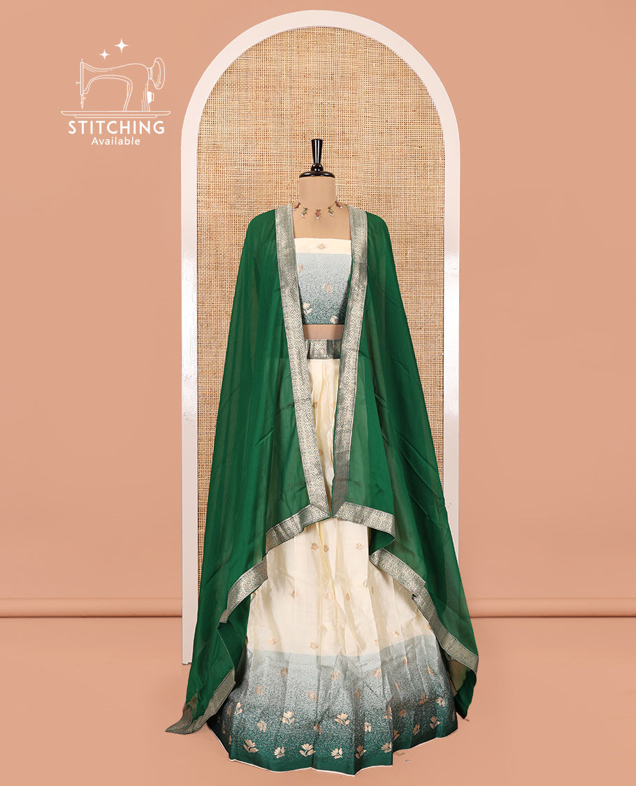Cream-Green Semi-Silk Half-Saree Featuring Buttas Skirt, Contrast Floral Border, Matching Blouse, Contrast Syska Georgette Dhavani