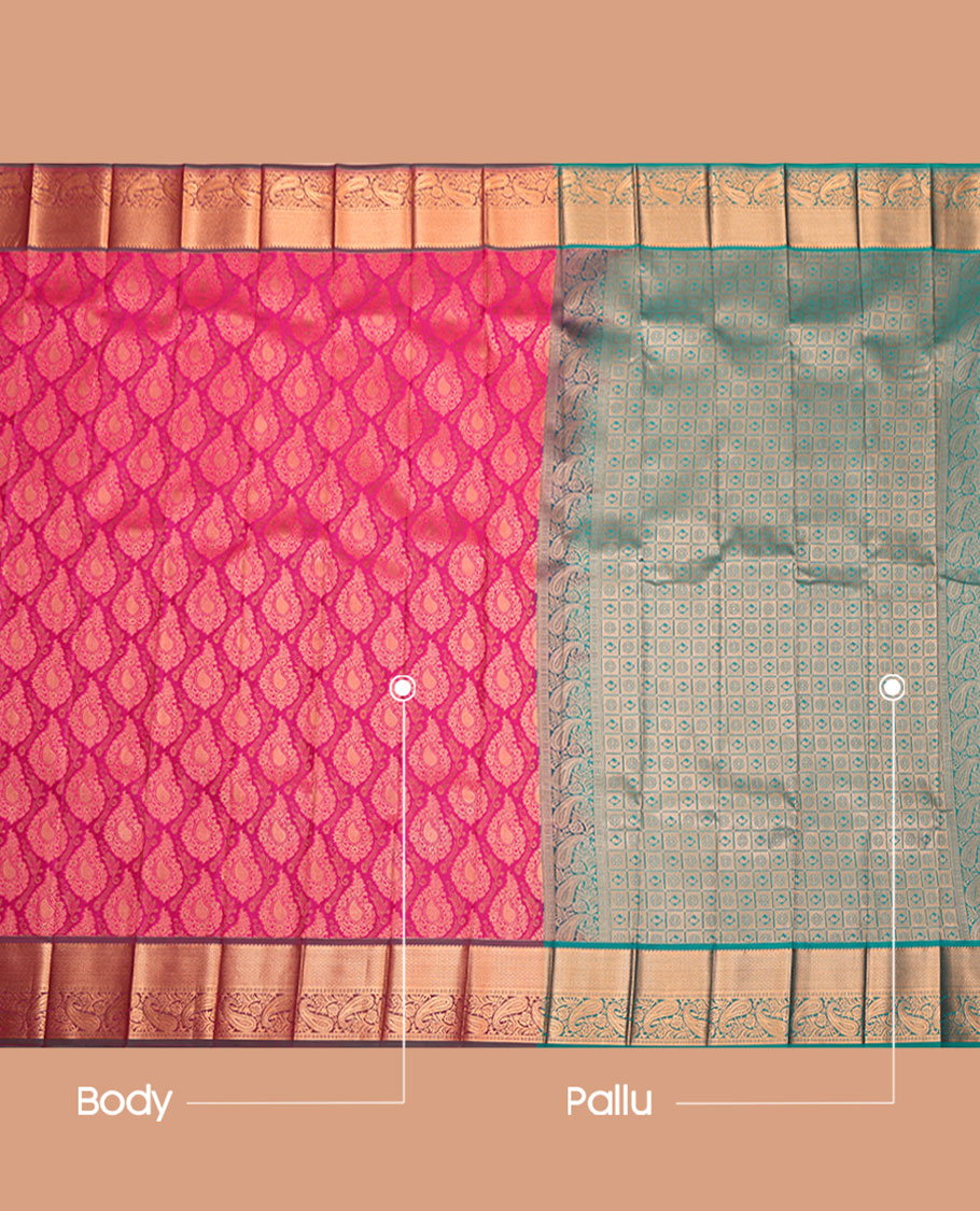 Pink Budget Silk Saree Featuring Jacquard Design, Complemented by a Contrast Traditional Zari Border, Grand Pallu, and a Contrast Blouse