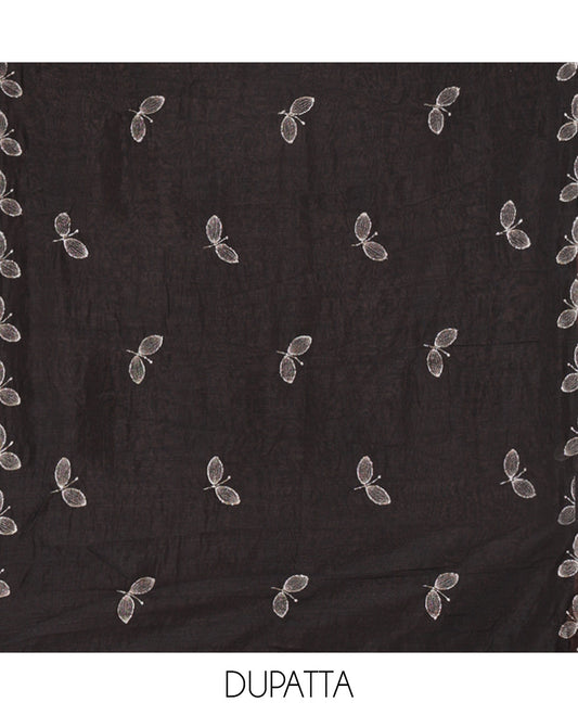 Black Material Chudidhar Set, Ornamented with an Floral Motifs Embroidered on its Vichitra Silk Top, Plain Santoon Bottom, and Vichitra Silk Dupatta of Leaf Motifs Embroidery