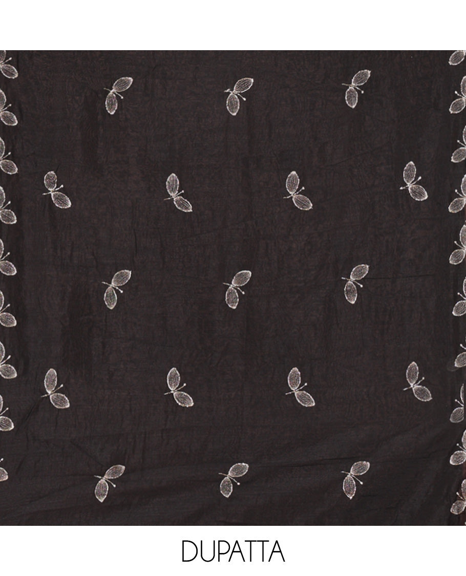 Black Material Chudidhar Set, Ornamented with an Floral Motifs Embroidered on its Vichitra Silk Top, Plain Santoon Bottom, and Vichitra Silk Dupatta of Leaf Motifs Embroidery