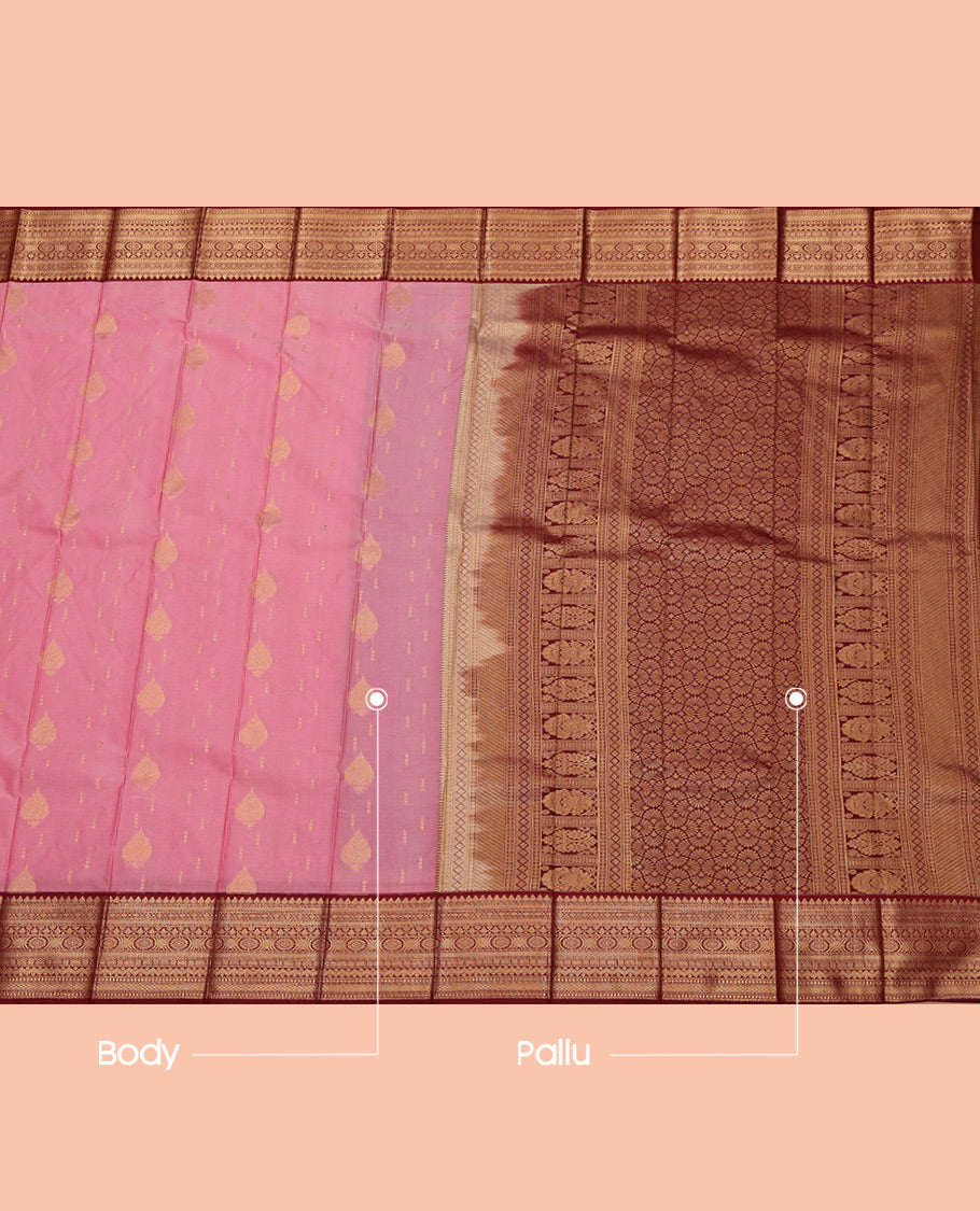 Pink Budget Silk Saree, Elevated with Zari Buttas All Over Its Body, Complemented by a Contrast Traditional Zari Border, Grand Pallu, and Paired with a Contrast Blouse
