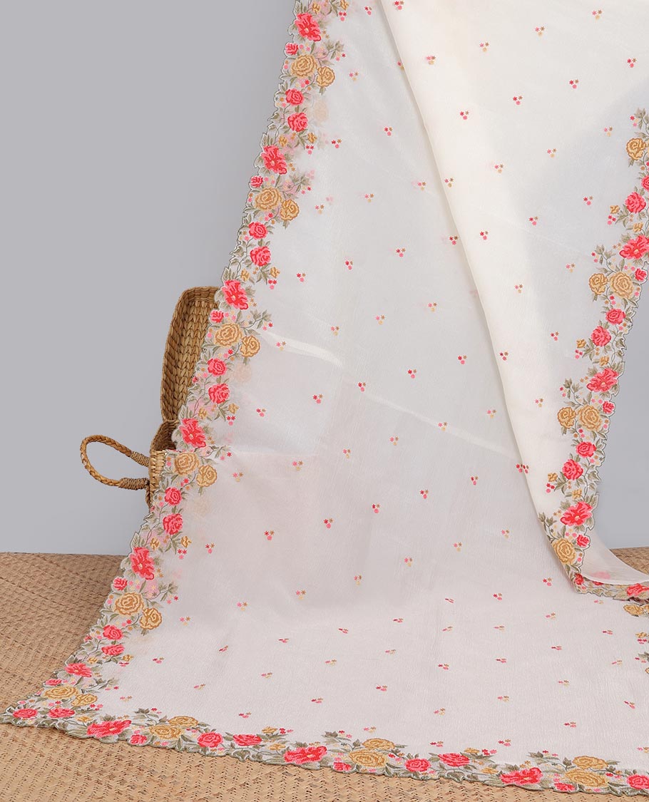 Yellow crushed tissue saree with scallop floral border & motif embroidery pallu