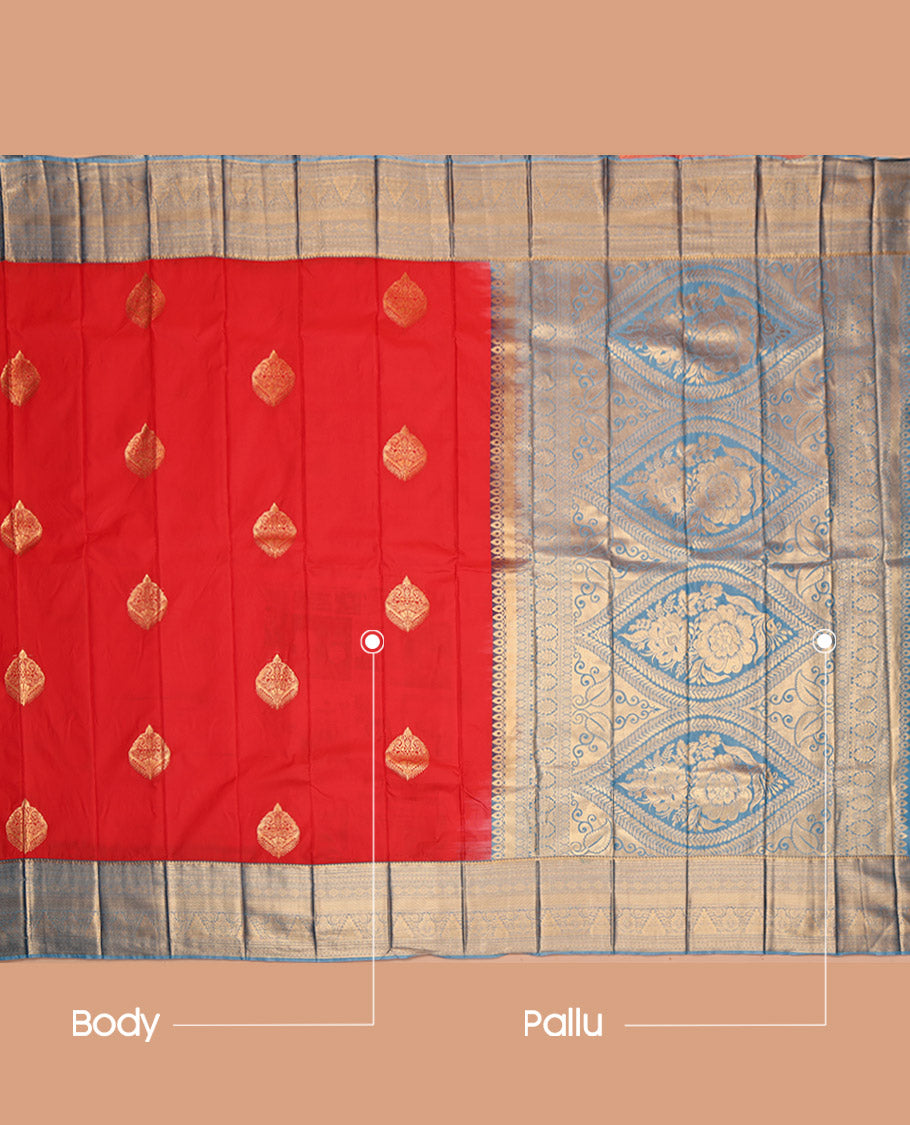 Red Budget Silk Saree, Accentuated with Zari Buttas, Contrast Traditional Zari Border, Grand Pallu, and a Contrast Blouse