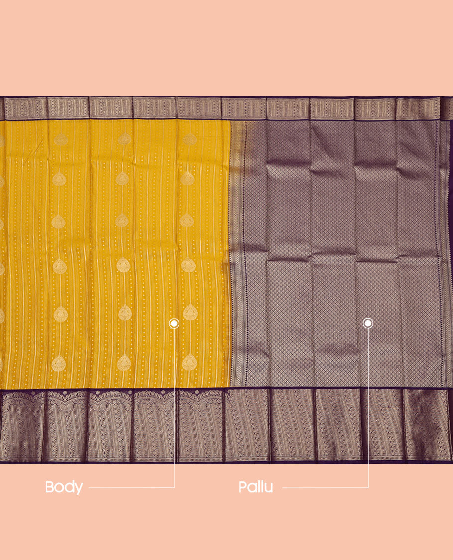 Yellow Budget Silk Saree, Decorated with Zari Buttas and Zari Stripes on Its Body, Complemented by a Contrast Geometric Zari Design Border, Grand Jaal Pallu, and Paired with a Contrast Blouse