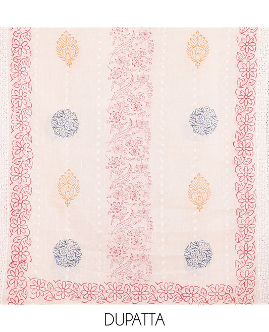 Red Cotton Material Chudidar, Floral Printed Hakoba Top, a Contrast Bottom, Print-Hakoba Dupatta