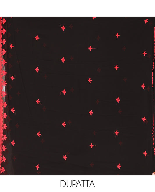 Black-Red Georgette Material Churidar Features Floral-Paisley Embroidered Top, Plain Bottom, Thread Embroidered Dupatta