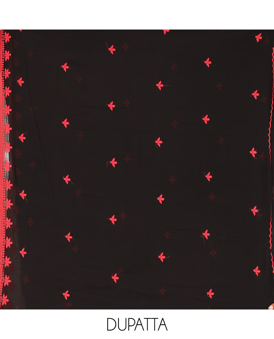 Black-Red Georgette Material Churidar Features Floral-Paisley Embroidered Top, Plain Bottom, Thread Embroidered Dupatta