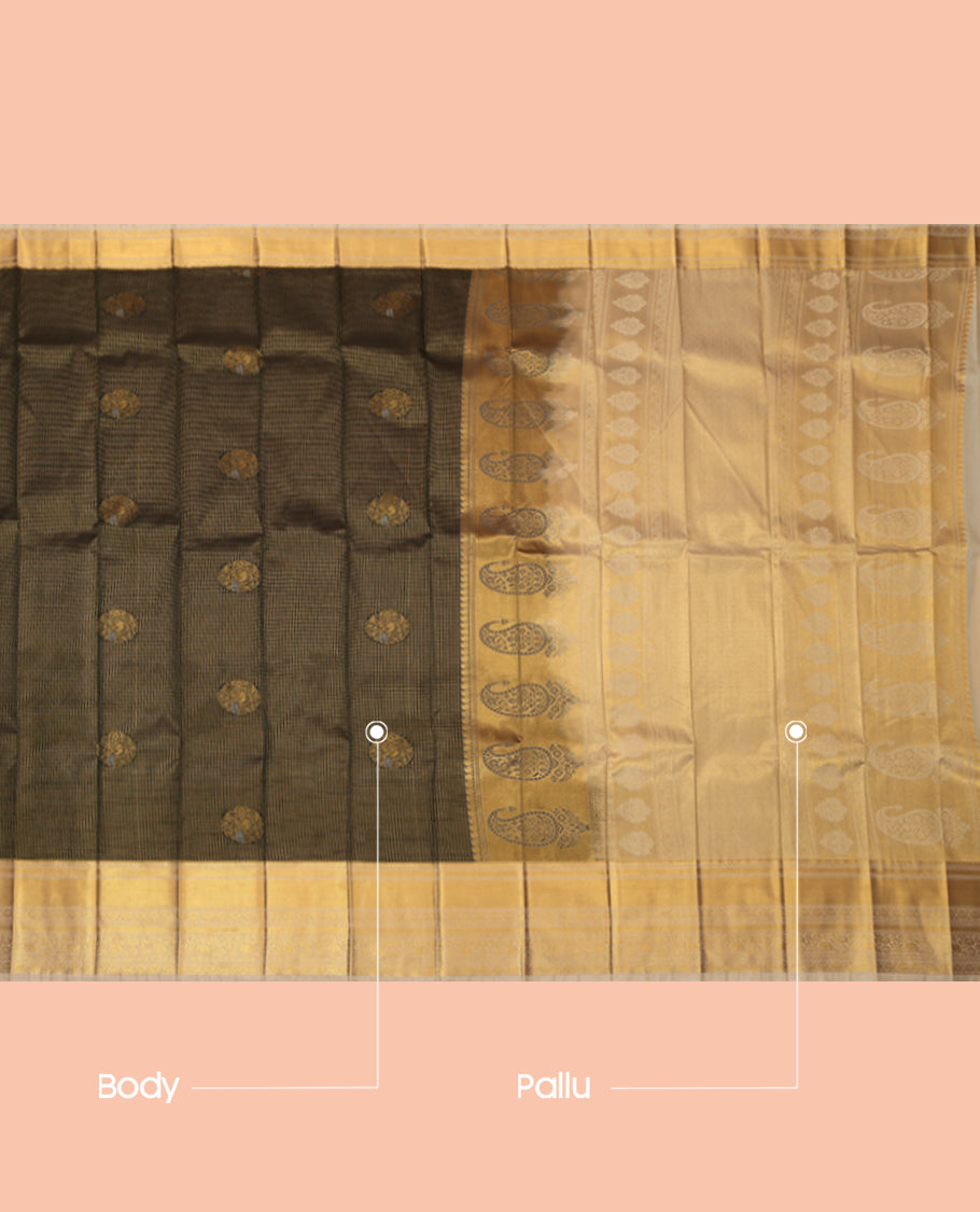 Green Budget Silk Saree, Ornamented with Peacock Buttas and Checks, a Contrast Traditional Zari Border, an Intricate Pallu and a Contrast Blouse