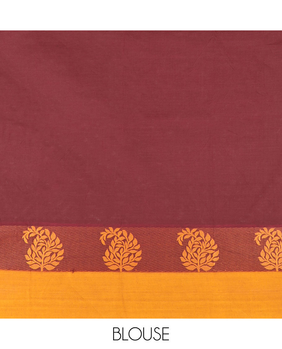 Blue checked nine yards cotton saree with contrast zari design border & striped zari design pallu