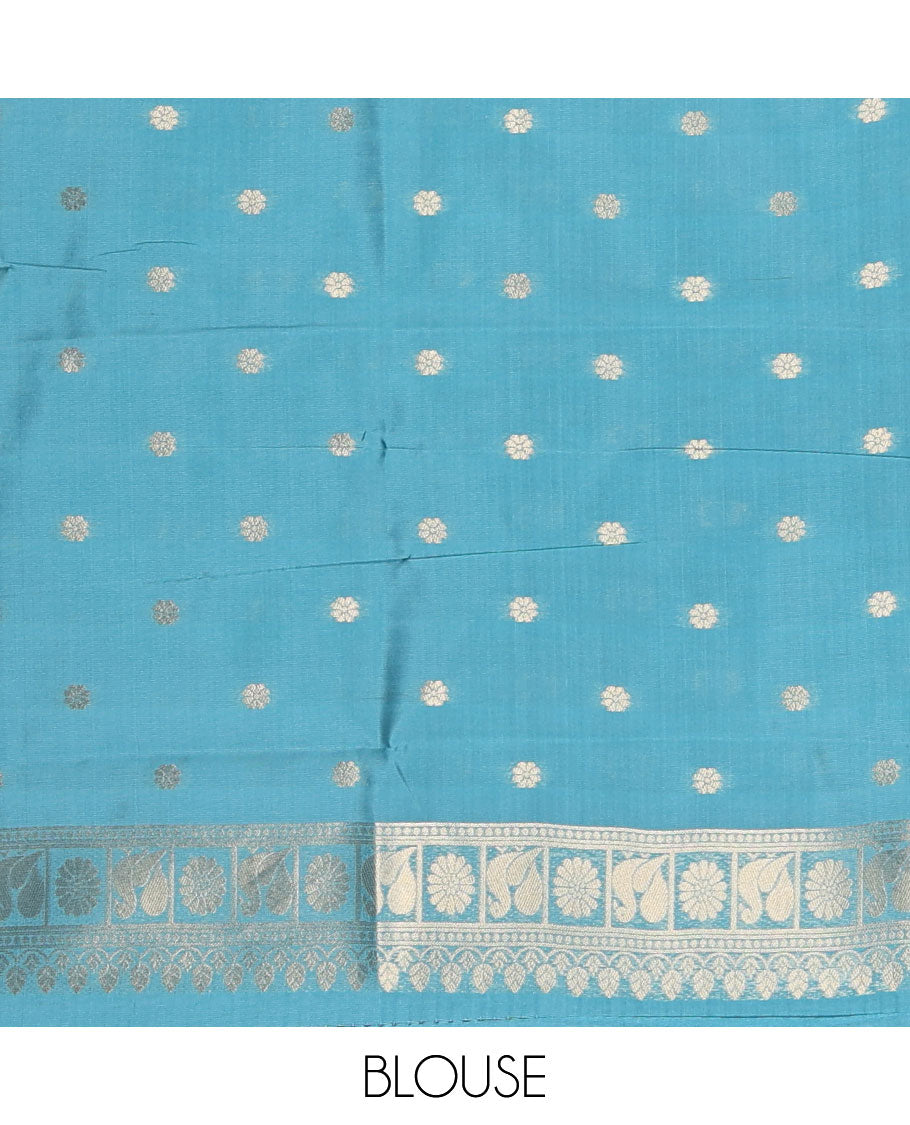 Borderless sky blue peacock, chakra, and pichwai cow buttas zari woven kanchi silk saree, peacock and chakra enclosed checked pallu, and matching blouse