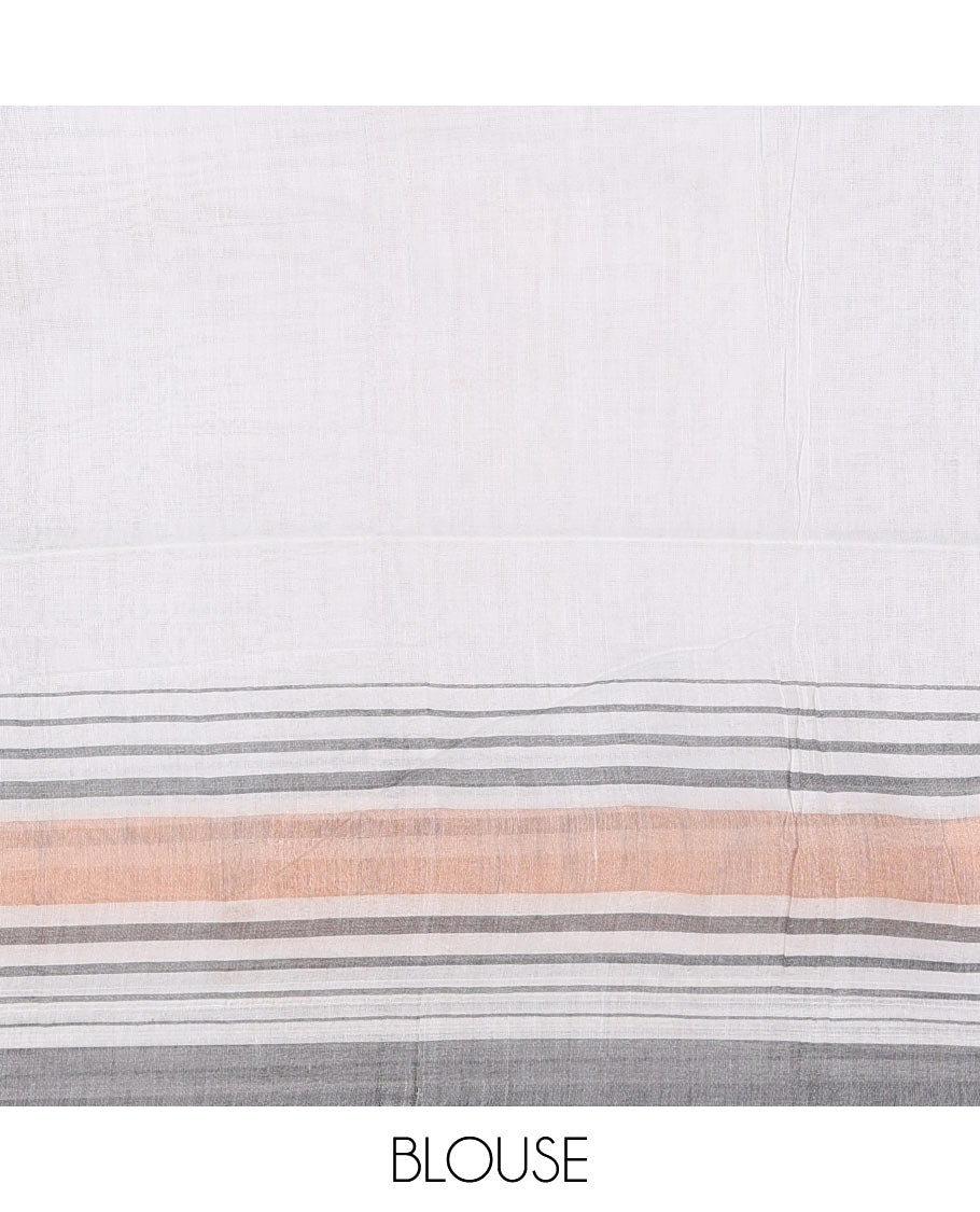 Cream-grey plain design mul mul cotton saree, contrast copper zari horizontally striped border, plain pallu, and plain blouse