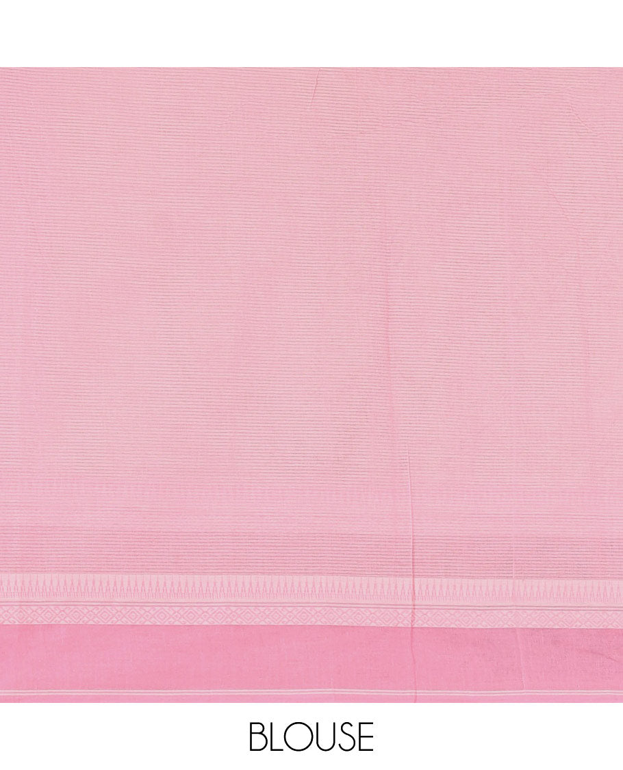 Chikku-baby pink floral, and dear motifs printed mangalagiri cotton saree, contrast resham thread traditional temple  border of Madhubani floral-peacock print, printed pallu, and a contrast blouse