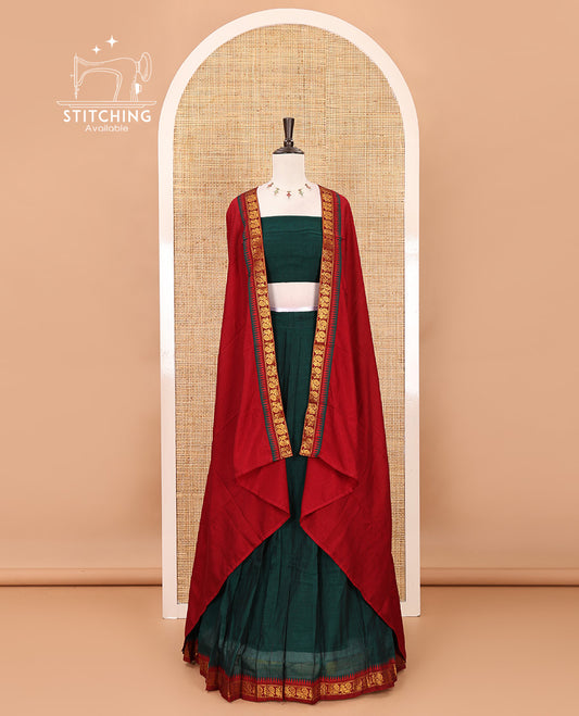 Green mercerized cotton half-saree, plain & contrast peacock motifs gold zari temple border skirt, matching blouse & temple zari border vichitra silk dhavani