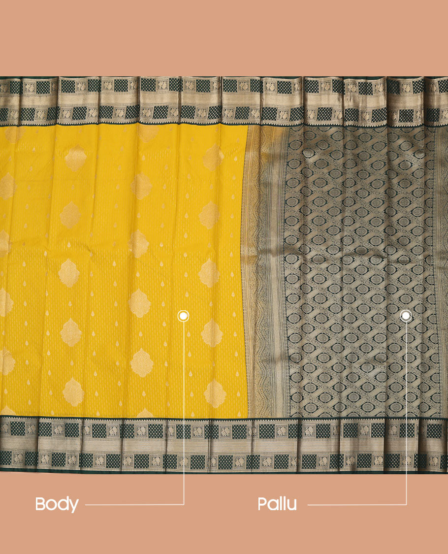 Yellow Budget Silk Saree, Delicately Woven with Zari Buttas All Over Its Body, Complemented by a Contrast Traditional Zari Design Border of Peacock Designs, Pallu Features Jaal Designs, and Paired with a Contrast Blouse