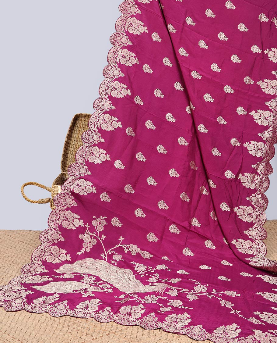Pink floral motifs semi-banaras dola silk saree with scallop border & peacock design pallu