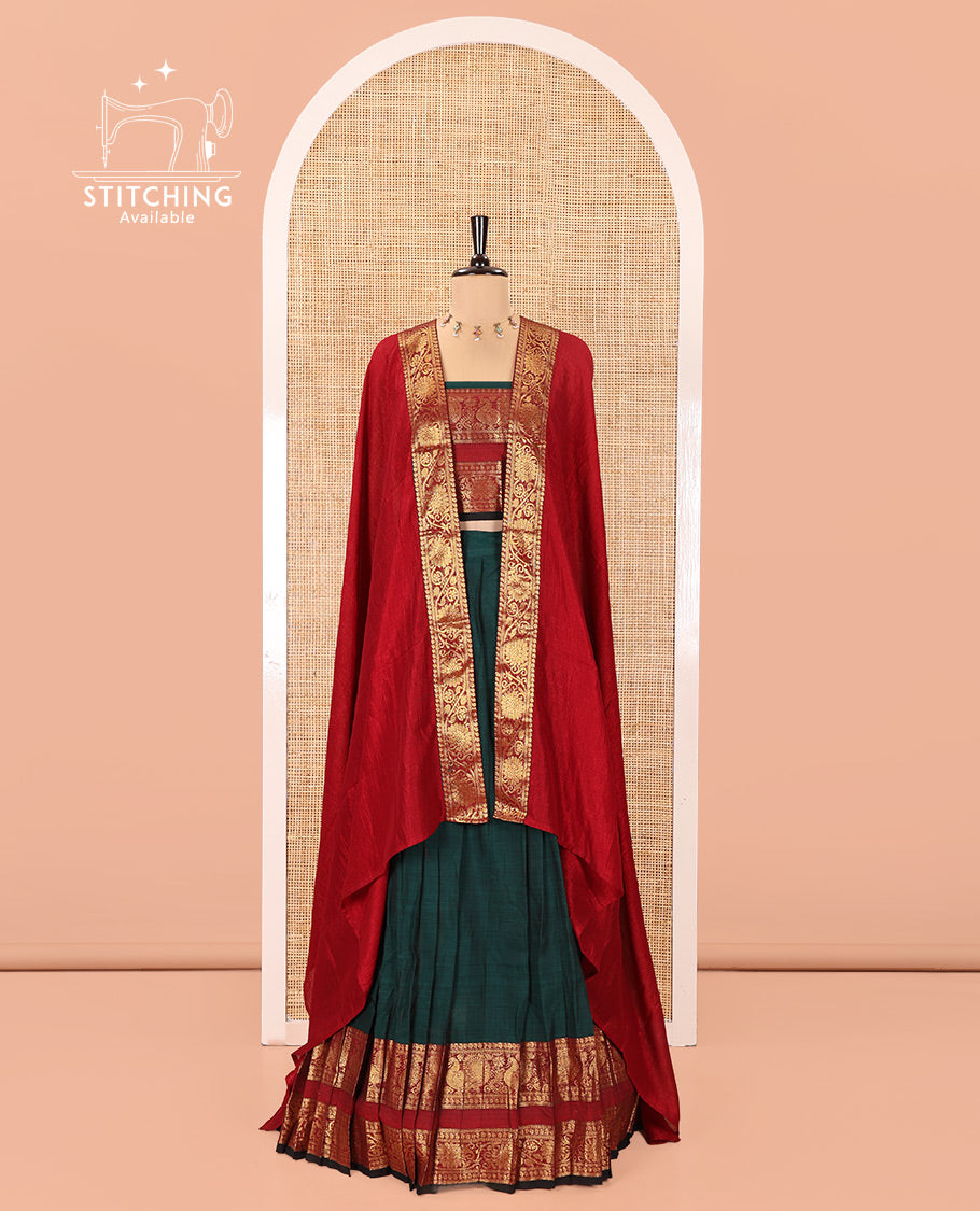 Bottle Green-Red Mercerised Cotton Half-Saree Features Plain with Contrast Peacock and Floral Creeper Zari Bordered Skirt, Paired with a Matching Blouse, and Comes with a Contrast Floral Creeper Zari Bordered Dhavani