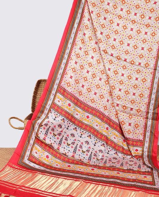 Cream geometric design  semi-banaras printed saree with contrast geometric border & intricate design pallu