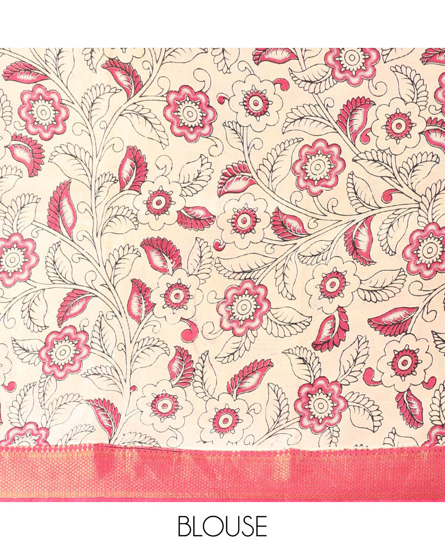 Cream human design machine-printed kalamkari cotton saree with contrast zari design border & animal motif pallu