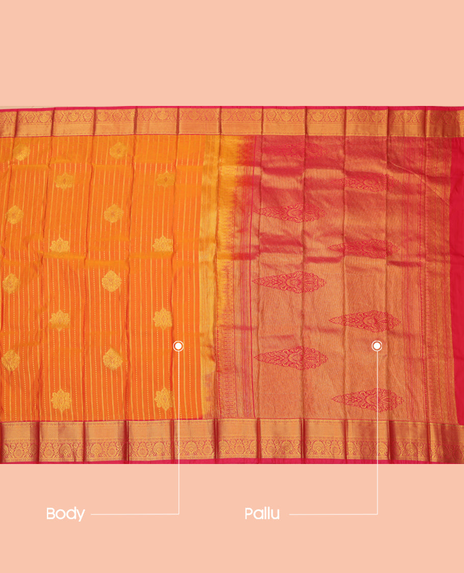 Orange Budget Silk Saree, Highlighted by Zari Designs, a Contrast Traditional Zari Border, Grand Pallu, and a Contrast Blouse