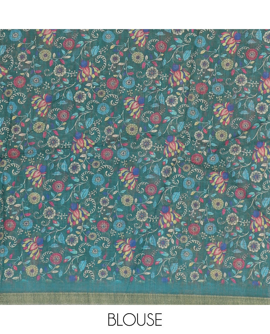 Purple shibori-style printed linen cotton saree, contrast zari piping border, kamlamkari floral printed pallu & contrast printed blouse