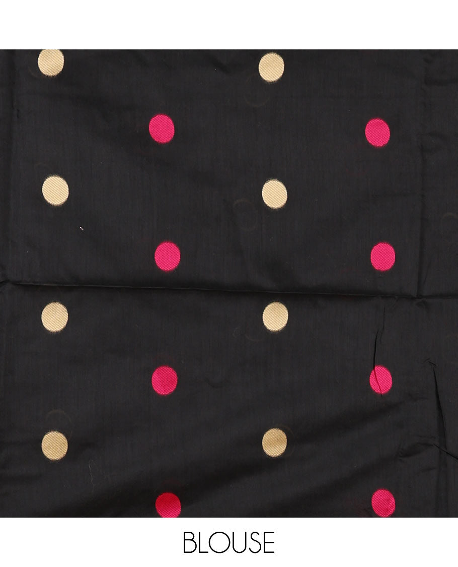 Black-base thread coin buttas mercerized cotton saree, piping border, jamdani-style pallu of floral & crane bird motifs, & matching blouse of coin buttas