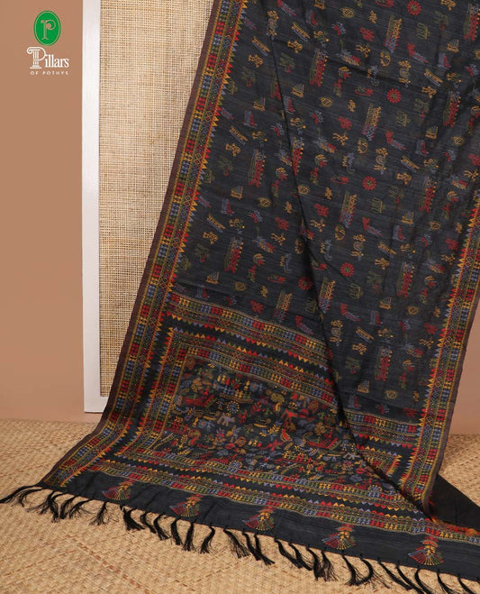 Black kashmiri work, thread varali thread embroidery banaras jute saree with thread border & kashmiri thread work pallu along with embroidery blouse