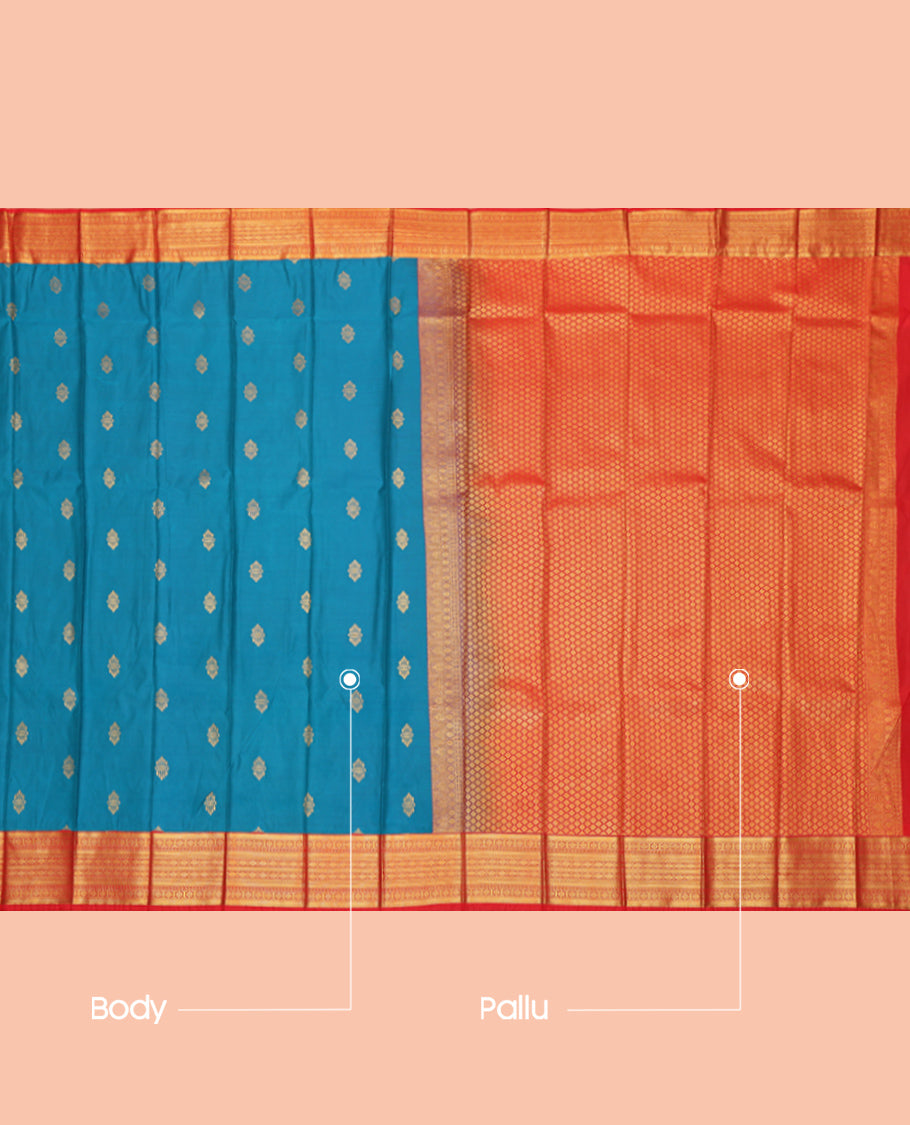 Blue Budget Silk Saree, Featuring Zari Buttas, Complemented by Contrast Traditional Zari Border, a Jaal Pallu and a Contrast Blouse