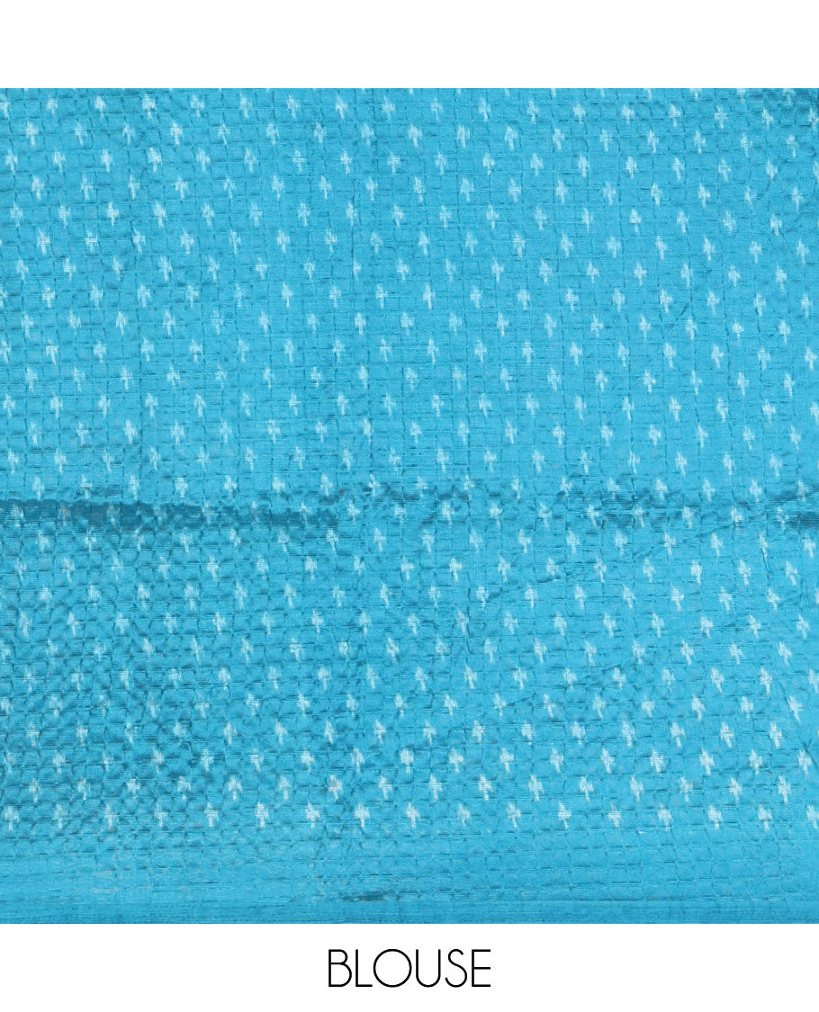 Borderless white 3-layer ikkat chevron printed litchi crushed saree, ikkat printed pallu & small butta printed blue blouse